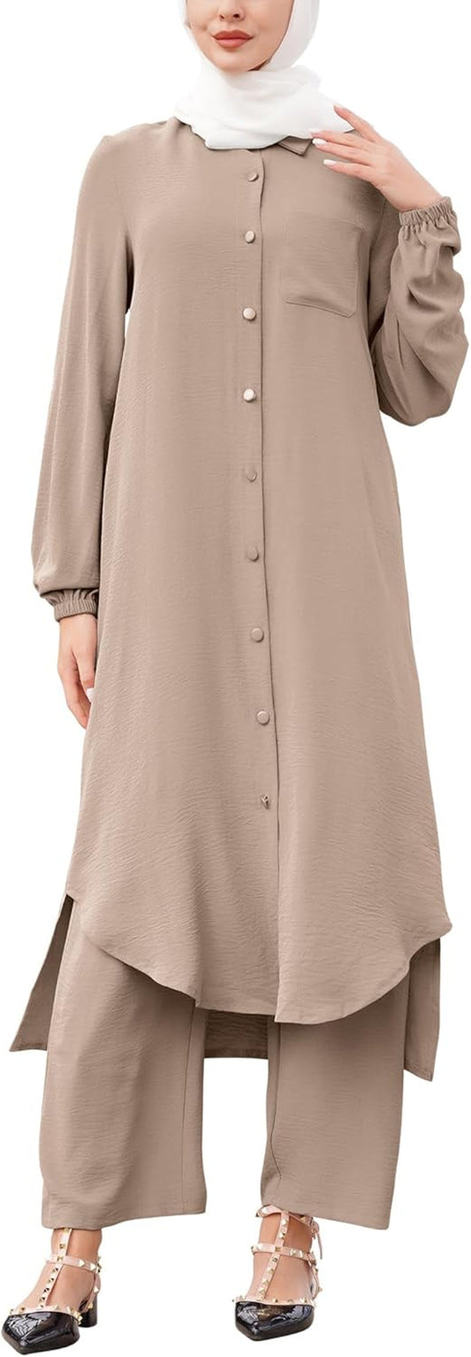 Abayas for Women Muslim Long Sleeve Button Shirt and Pants 2 Pieces Sets Dubai Islamic Prayer Casual Ramadan Outfits
