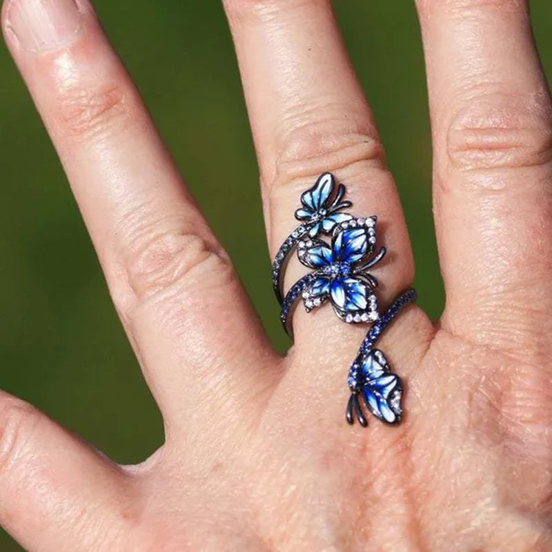 Exquisite 925 Sterling Silver Jewelry Rings for Women Female 3 Butterfly Animal Ring Temperament Blue Sapphire Zircon Inlay Ring Gun Black Ring Engagement & Wedding Band Ring Size 6-10