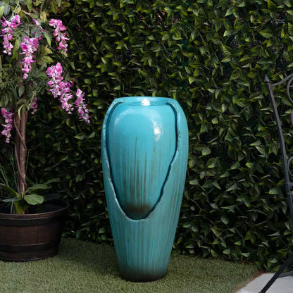 33 In. Tall Water Jar Fountain with LED Light, Turquoise