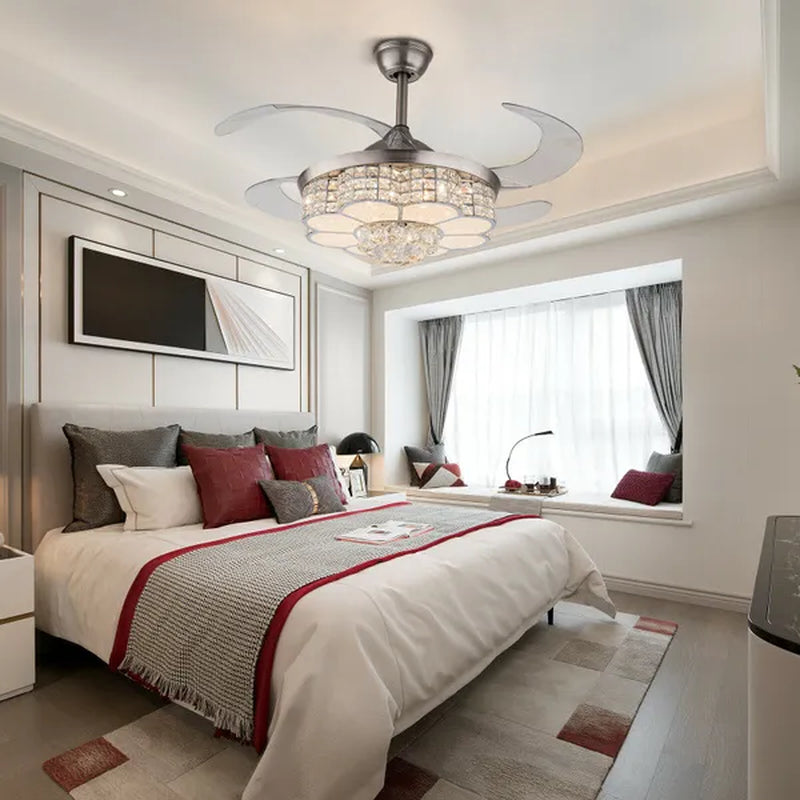 Remote 42" Silver Remote Invisible Ceiling Fan Lamp LED Chandelier Light