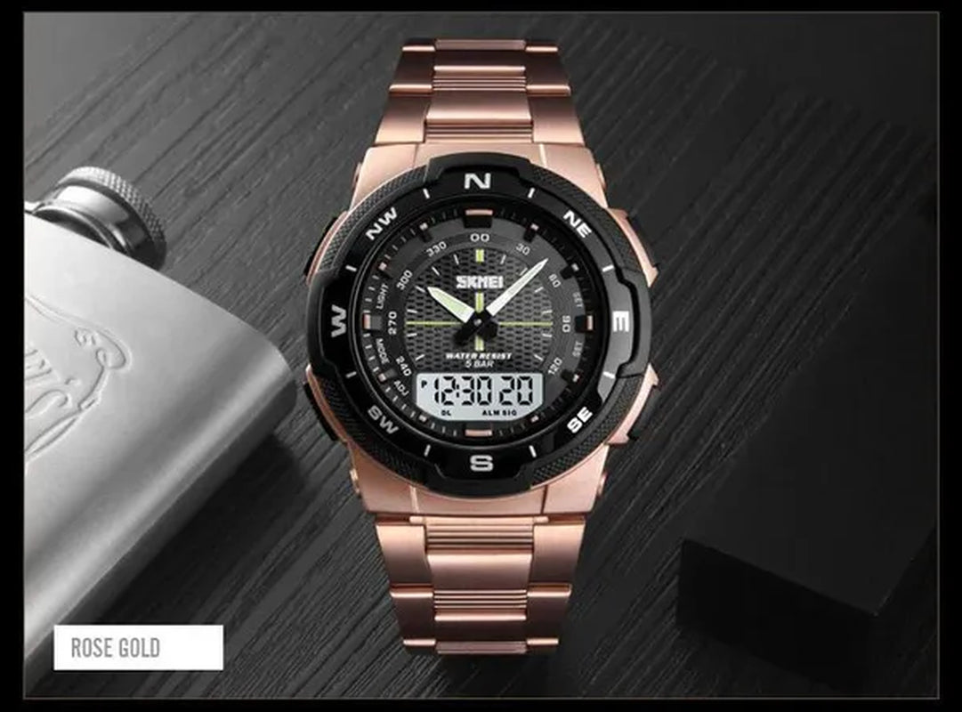 Fashion SKMEI 1370 Men's Digital Watch Outdoor Sports Waterproof Male Business Watches Golden Stainless Steel Wristwatch