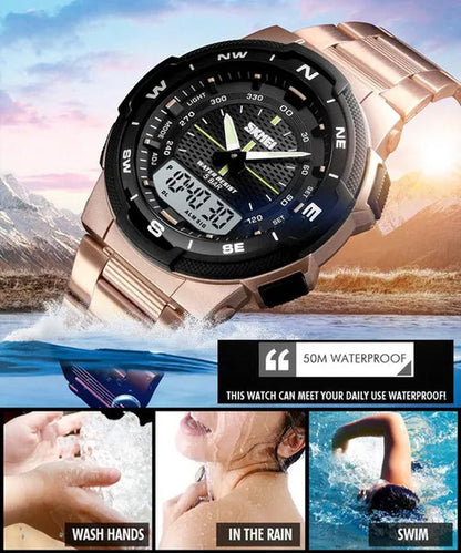 Fashion SKMEI 1370 Men's Digital Watch Outdoor Sports Waterproof Male Business Watches Golden Stainless Steel Wristwatch