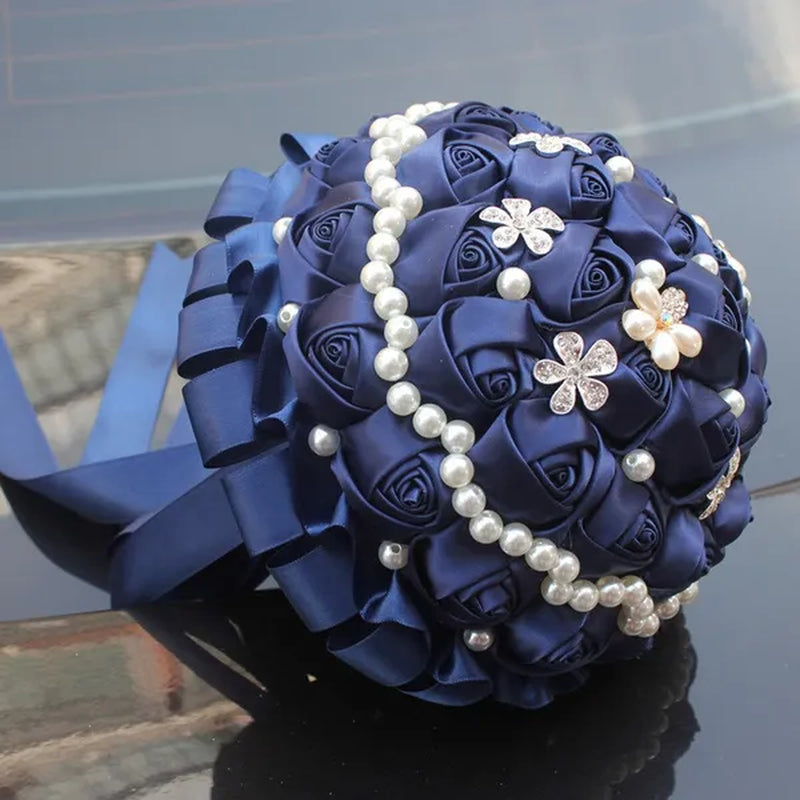 18CM Dark Blue Wedding Bouquet Pearl Diamond Brooch Bride Holding Flowers Artificial Silk Rose Bridesmaid Flower Bouquet Fake Flower