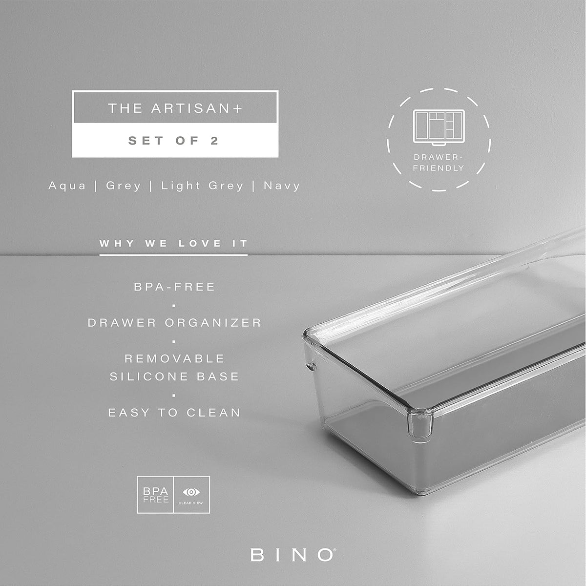 | Oblong Plastic Drawer Organizer Bins, Light Grey- 2 Pack | the ARTISAN+ | Multi-Use Organizer Bins | Soft-Grip Lining and Non-Slip Rubber Feet | Desk Drawer Organizer | Clear Vanity Organizer