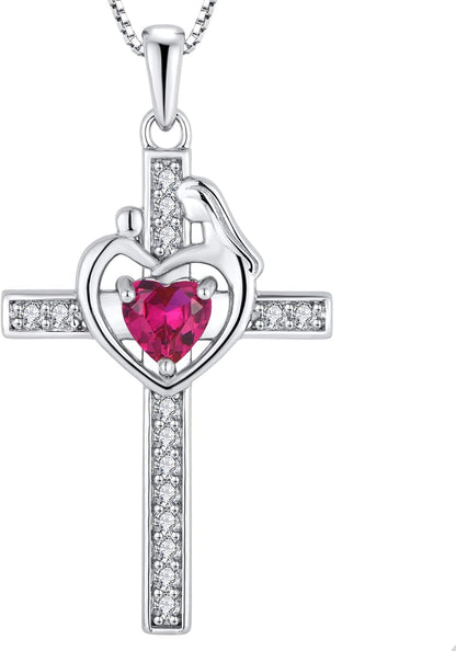 Mom Cross Necklace 925 Sterling Silver Mother Pendant Birthstone Mum Jewelry for Women