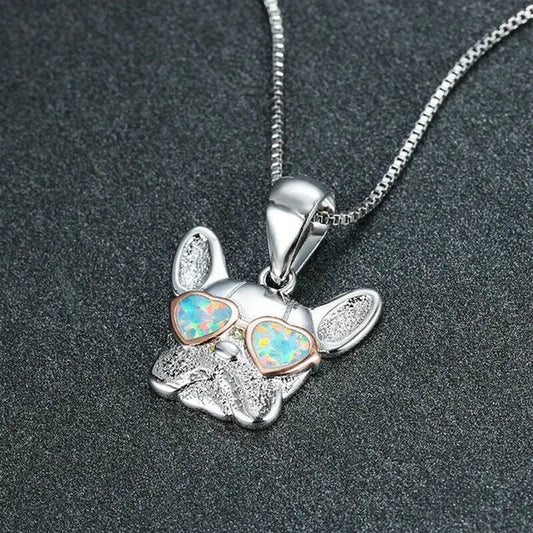 Fashion 925 Silver Plated Cgold Dog Charm White Simulated Opal Pendant Necklace Wedding Jewelry