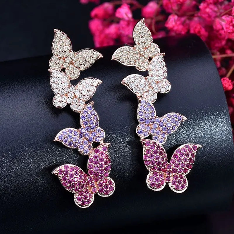 Gloriya Women's Fashion Silver Plated Ear Jewelry Micro Pave Colorful CZ Delicate Butterfly Design Long Earrings for Dancing Party