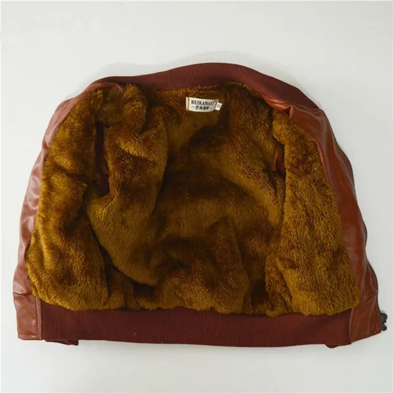 Outdoor Winter New Spring Children Boy Plus Cashmere Thick Leather Jackets Children Fashion Outerwear  (Brown Black)