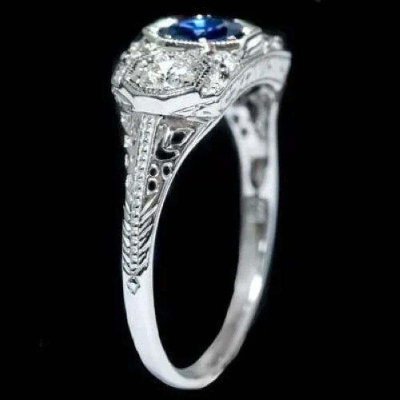 Lady Round Cut 1.2CT Blue Sapphire Bridal Engagement Ring