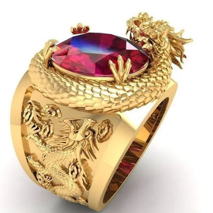 Golden dragon inlaid ruby ring