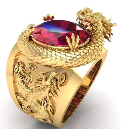 Golden dragon inlaid ruby ring