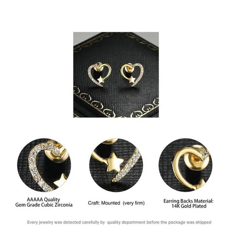 14K  Gold Love Heart Star White Zircon Stud Earrings for Women Wedding Engagement Bride Jewelry Gift
