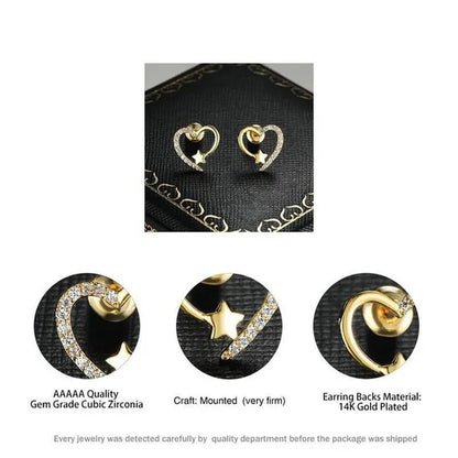 14K  Gold Love Heart Star White Zircon Stud Earrings for Women Wedding Engagement Bride Jewelry Gift