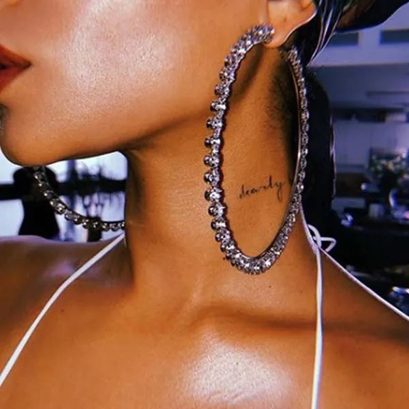 Trendy Big Circle Gold Silver Hoop Earrings Women's Fashion Rhinestone Diamond Round Earrings Party Jewelry