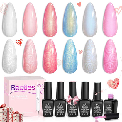 Beetles Pearl Gel Nail Polish 6 Colors Shimmer Glitter White Pink Blue Nail Polish Mermaid Gel Soak Off Uv Led Spring Summer Easter Gel Polish Swirl Thread Effect DIY Manicure Art