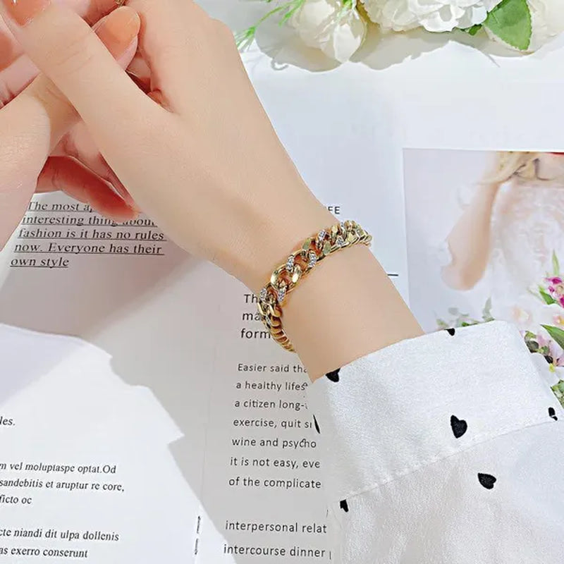 8.5mm Wide Adjustable Curb Link Chain Bracelet Inlay Delicate Cubic Zirconia CZ Stone For Women Girls Titanium Steel Chunky Cuban Curb Chain Bracelets Bangle Lady Jewelry Silver / Gold