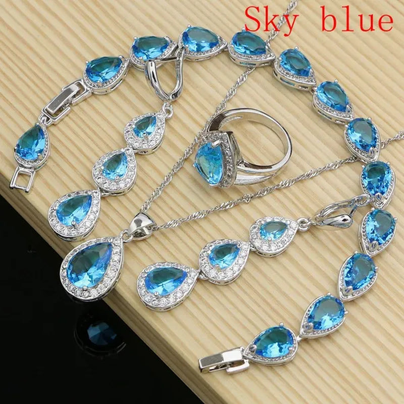 Water Drop 925 Sterling Silver Jewelry Red Ruby White Topaz Jewelry Sets Women Earrings/Pendant/Necklace/Rings/Bracelet