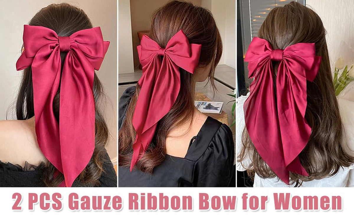 Hair Bows 2 PCS, Ribbon Bow for Women, Hair Ribbons, Oversized Long-Tail Cute Aesthetic Hair Accessories, Large Hair Barrettes for Women, Big Bows for Girls (Bright Red Wine Red)