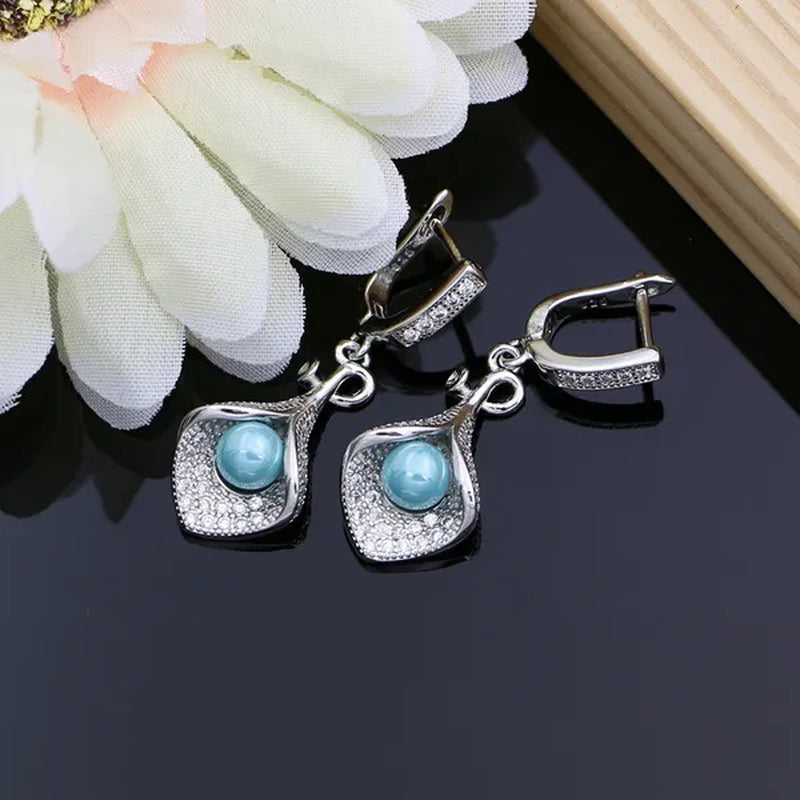 Luxury 925 Silver Bridal Jewelry Sets White Topaz Pearls Bead Charm for Women Party Horn Design Ring Bracelet Set