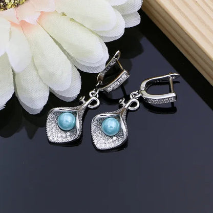 Luxury 925 Silver Bridal Jewelry Sets White Topaz Pearls Bead Charm for Women Party Horn Design Ring Bracelet Set