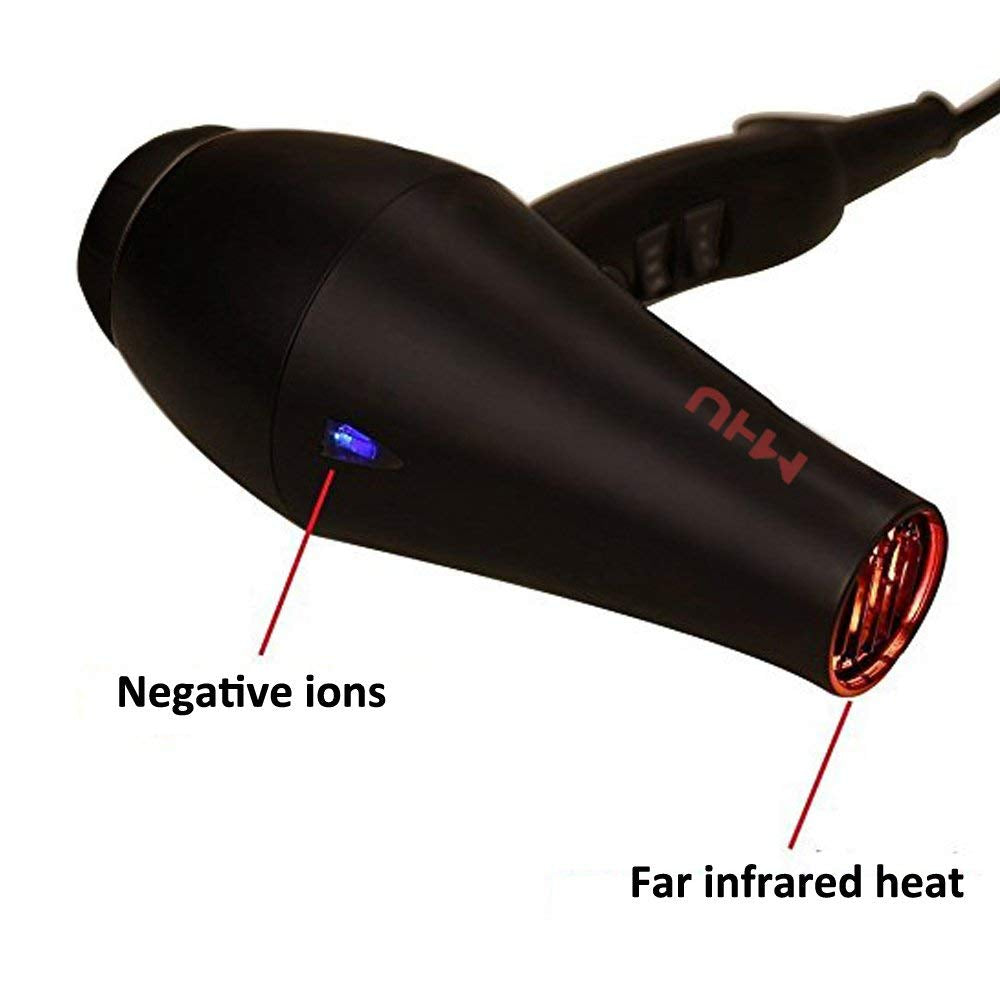 MHU Professional Salon Grade 1875W Low Noise Ionic Ceramic Ac Infrared Heat Hair Dryer plus One Concentrator and One Diffuser Black Color