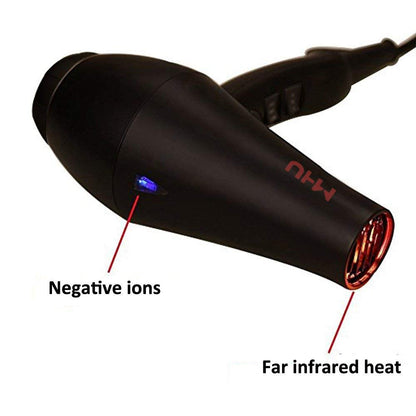 MHU Professional Salon Grade 1875W Low Noise Ionic Ceramic Ac Infrared Heat Hair Dryer plus One Concentrator and One Diffuser Black Color