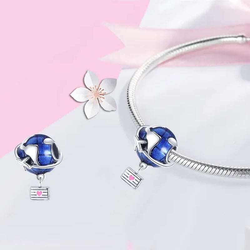 Summer Beach Travel Flying Bead Charm 925 Sterling Silver Blue Enamel Travel Pendant Charm for Women Bracelet & Necklace DIY