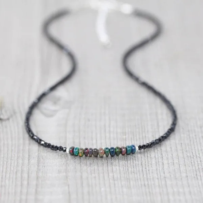 Ethiopian Welo Opal & Black Spinel Necklace. Sterling Silver, Rose, Gold Filled. Dainty Gemstone Choker.