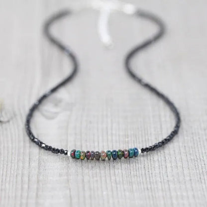 Ethiopian Welo Opal & Black Spinel Necklace. Sterling Silver, Rose, Gold Filled. Dainty Gemstone Choker.