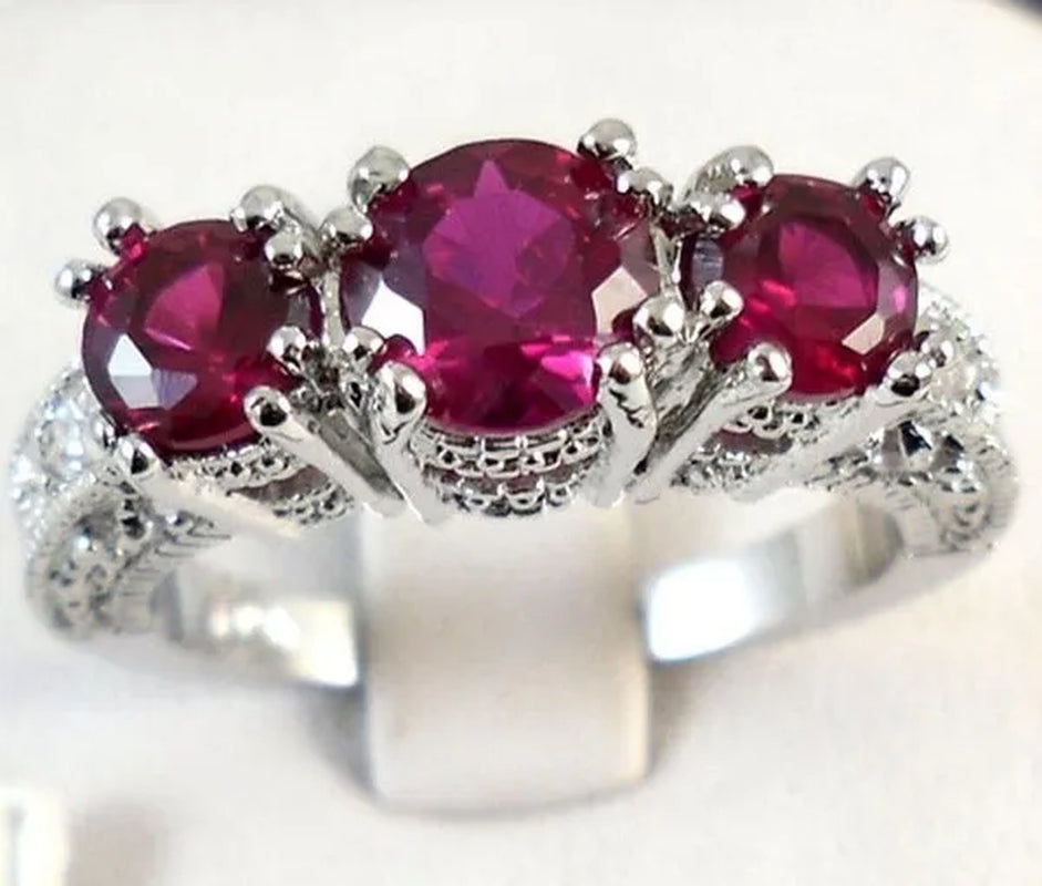 925 Sterling Silver Three Stone Emerald Ruby Sapphire Wedding Piercing Ring