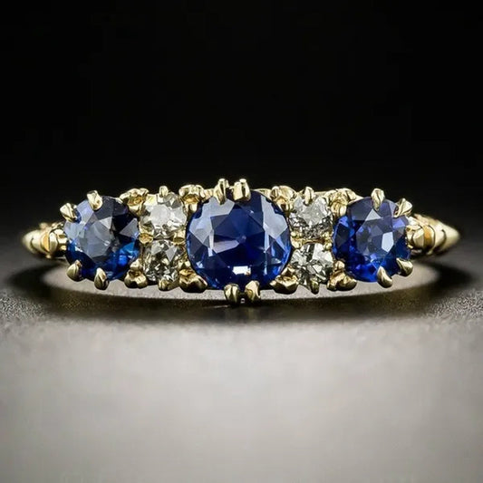 Fashion Women Art Deco Design Jewelry 18K Yellow Gold Ring Victorian Blue Sapphire and Diamond Carved Floral Ring Round Gemstone Wedding Rings Size 6 7 8 9 10
