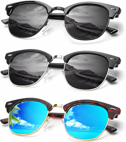Sunglasses Men Polarized Sunglasses for Men Women Unisex Semi-Rimless Frame Retro Driving Sun Glasses UV Blocking