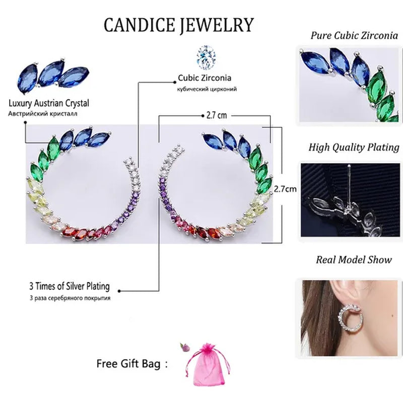 CANDICE Brilliant Yellow Green Blue Stones Prom Party CZ Crystal Big Stud Earrings Pave Setting Trendy 18K White Gold Plated Round Ear Jewelry for Women