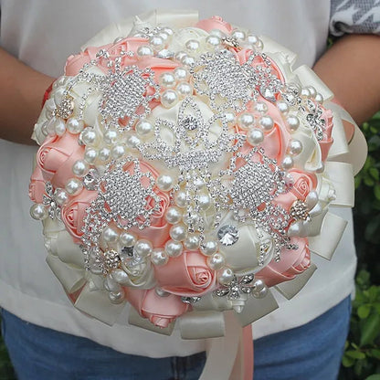 Customizable Charming Wedding Bouquets Diamond Brooch Bride Holding Flowers Cream Rose Ribbon Wedding Decoration Bridesmiad Bouquet