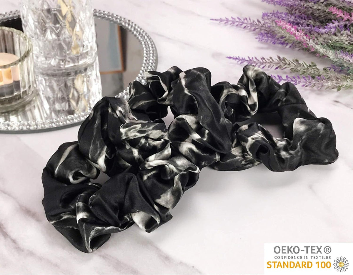 Mulberry Silk Scrunchies for Hair (Black Marble)