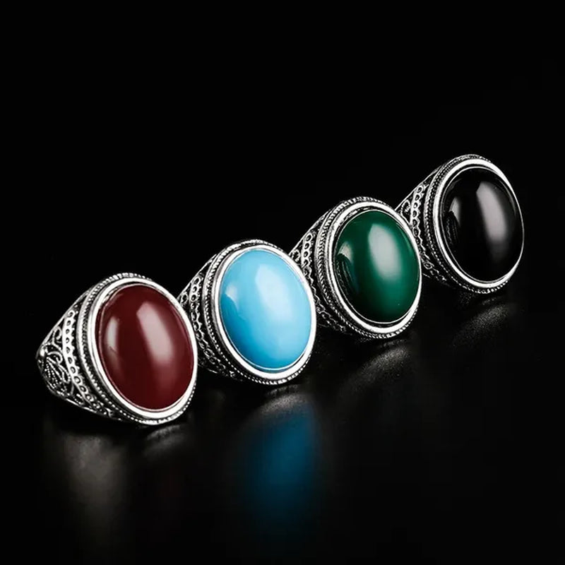GemStoneKing 925 Sterling Silver Mens Wedding Bad Red Simulated Onyx Men's Luxury Gothic Vintage Biker Ring
