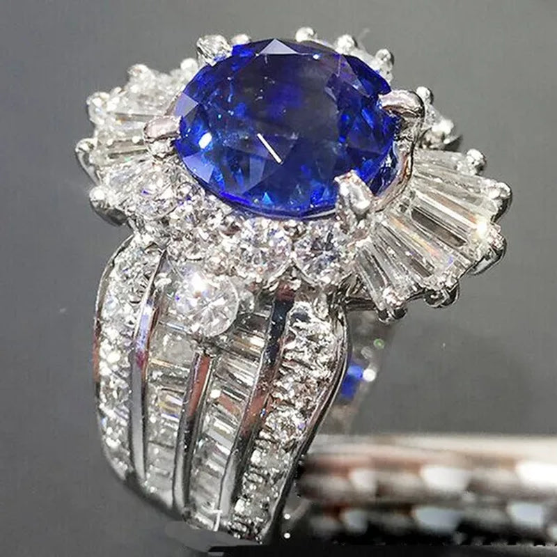 So Beautiful  Silver Natural Gemstones Sapphire And White Sapphire Wedding Birthstone Bride Engagement Anniversary Brand Big Ring Jewelry Size 6 7 8 9 10