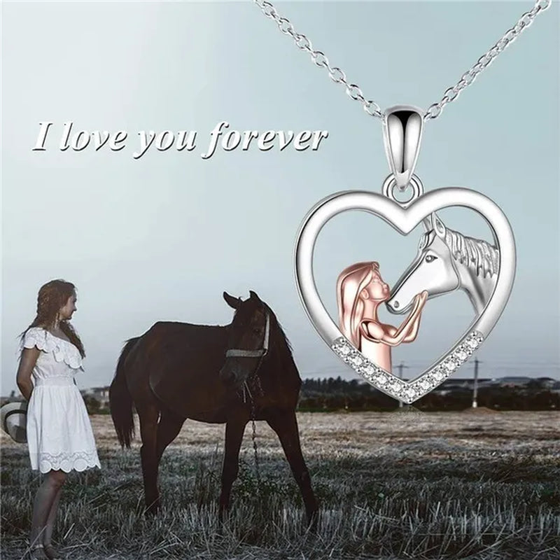 2022 New Exquisite Fashion 925 Sterling Silver Girl and Horse Necklace for Women Girls Heart Diamond Pendant Necklace Horse Jewelry for Girl Daughter Birthday Party Anniversary Gift
