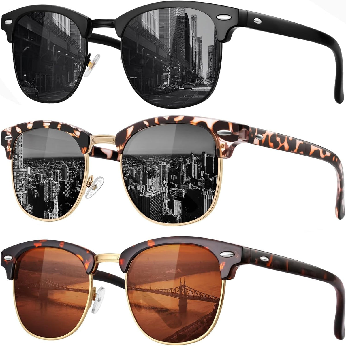 Classic Polarized Sunglasses for Men and Women Retro Style Semi Rimless Frame Sun Glasses 100% UV Protection Goggles