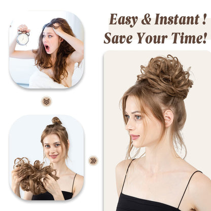 Large Messy Bun Hair Piece Wavy Curly Scrunchies Synthetic Chignon Ponytail Hair Extensions Thick Updo Hairpieces for Women Brunette/Ash Blonde