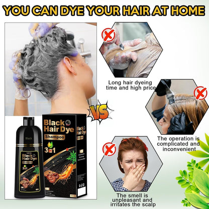 Black Hair Dye Shampoo for Gray Hair, 3 in 1 Black Hair Dye for Women Men, Herbal Gray Coverage, 500Ml (Black)