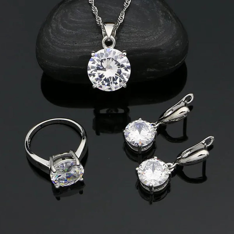 White Topaz 925 Sterling Silver Jewelry Ring Pendant Chain Earrings Set Classic Wedding Jewelry for Women Bride 3pcs