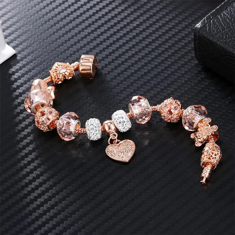 Rose Gold Heart-Shaped Charm Bracelets Fashion Jewelry Beaded Bracelet Birthday Christmas Gifts For Girl Women
