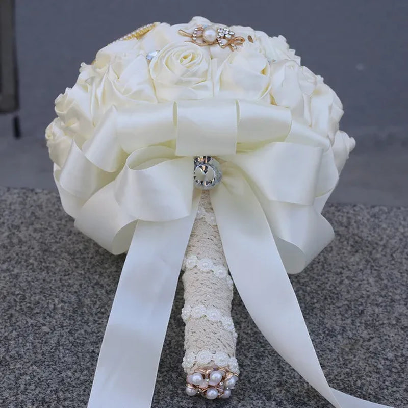 21CM Silk Rose Wedding Flower Bouquet Pearl Rhinestone Brooch Bouquet Bride Bridesmaid Holding Flowers Wedding Party Shooting Props