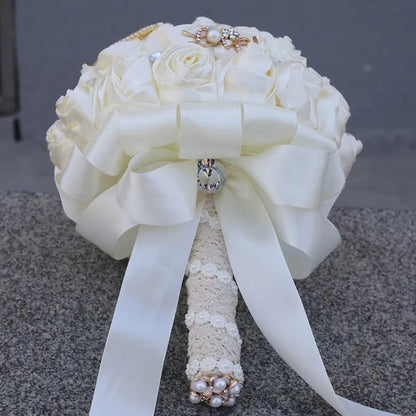 21CM Silk Rose Wedding Flower Bouquet Pearl Rhinestone Brooch Bouquet Bride Bridesmaid Holding Flowers Wedding Party Shooting Props