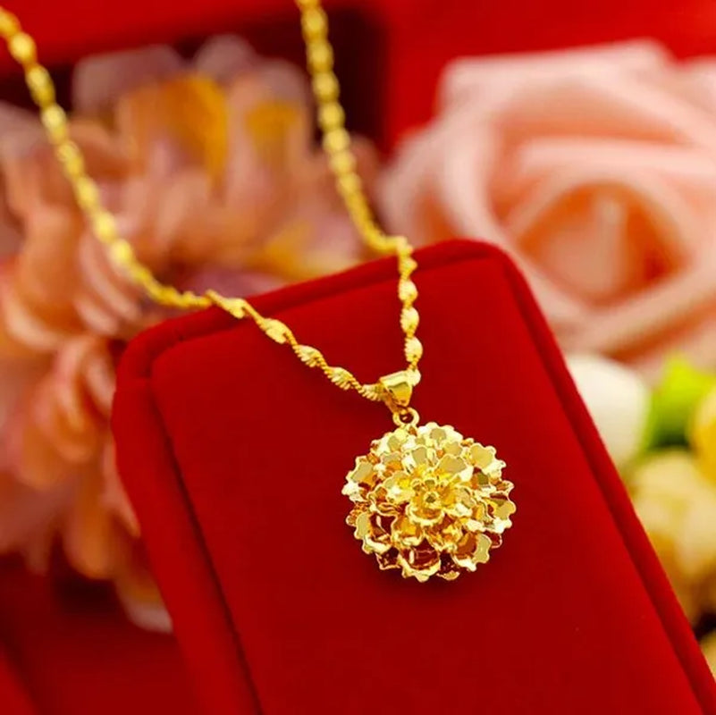 Women Wedding Jewelry Real 18 K Gold Flower Design Pendant Chain Necklace 16-30 Inch （Water Wave Chain）