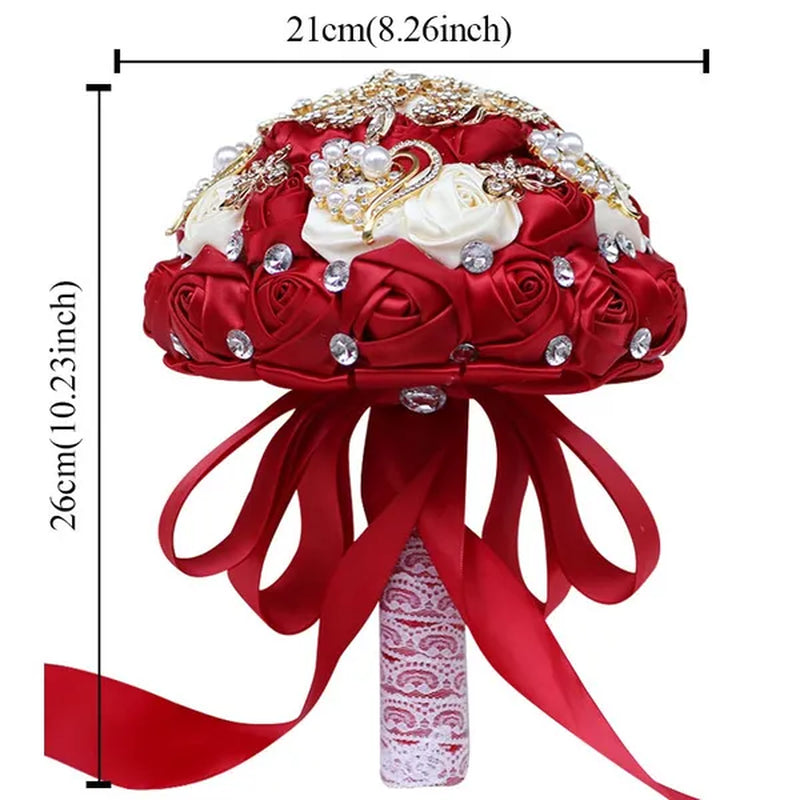 8 Inch Wine Red & Milk White Bridal  Bouquets Artificial Satin Rose Gold Diamond Brooch Bride Holding Flowers Party Valentine Bouquet