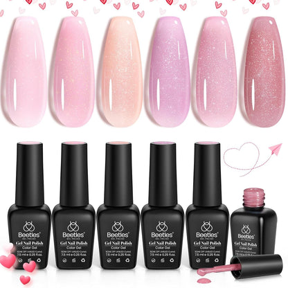 Beetles Gel Nail Polish Set, 6 Colors Jelly Gel Polish Nude Pink Gel Neutral Nail Art Design Translucent Gel Nail Kits Soak Off Uv Nail Lamp Cured Nail Manicure DIY Home for Women