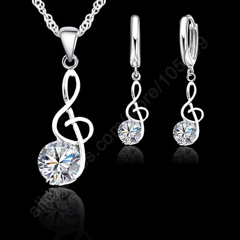 Musical Notes Jewelry Sets Real 925 Sterling Silver Swiss Cubic Zirconia Symbols Shape Pendant Necklaces Earrings Sets Gift