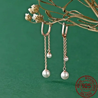 925 Sterling Silver Pearl Ear Buckle Earrings Fashion Rose Gold Plated Chain Tassel Earrings for Women Jewelry